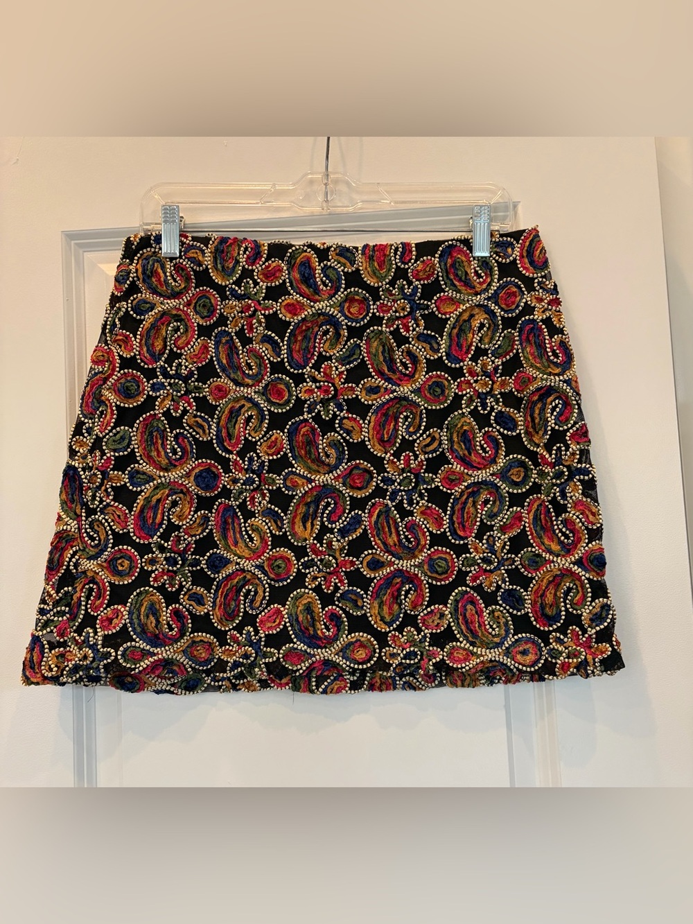 Zara Embellished Beaded Paisley Mini Skirt - Black with Multicolor